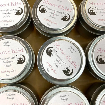 Moon Child coconut milk jasmine musk soy candle in 4oz tin with black obsidian and rose petals