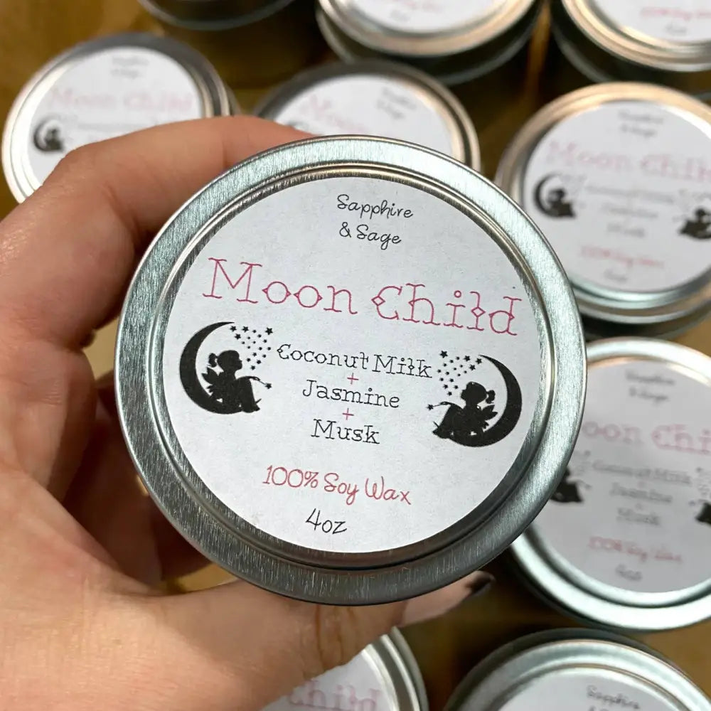4oz Moon Child coconut milk jasmine musk soy candle with black obsidian and rose petals