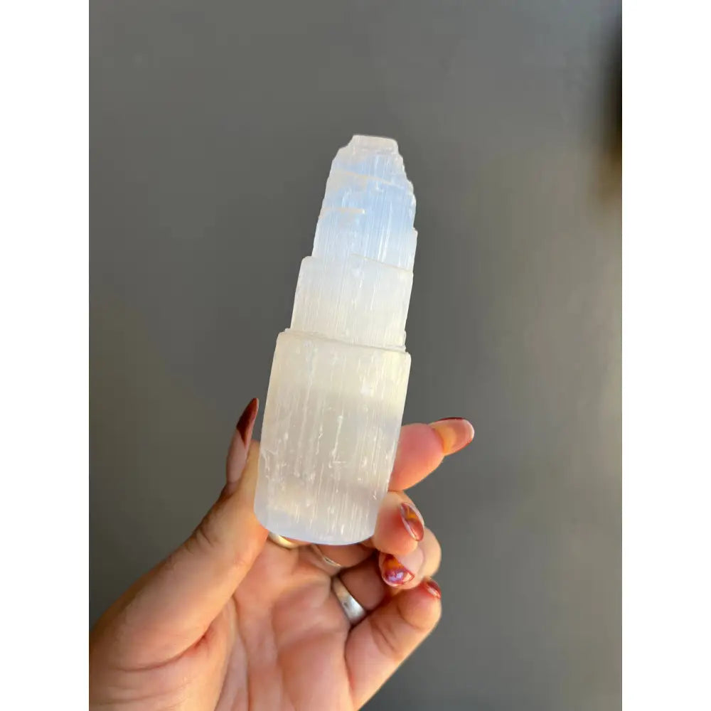 White Moroccan selenite crystal tower roller ball in three sizes