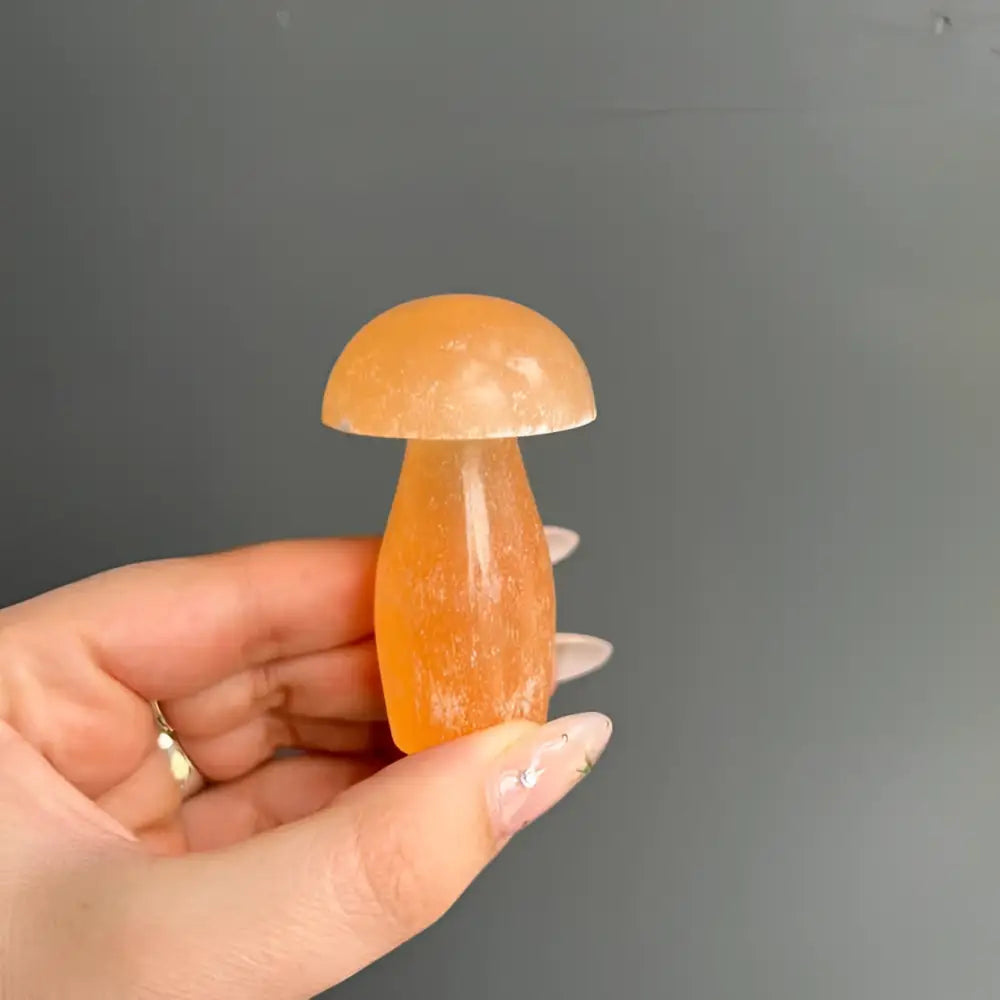 Orange quartz mushroom figurine in Moroccan Selenite Carving