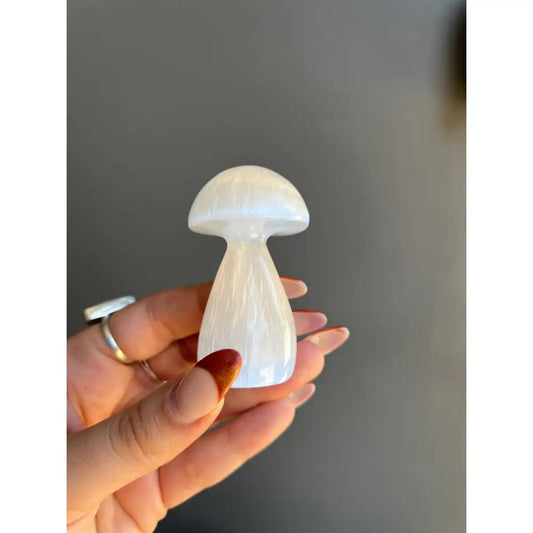 Small glossy white Moroccan Selenite mushroom carving figurine
