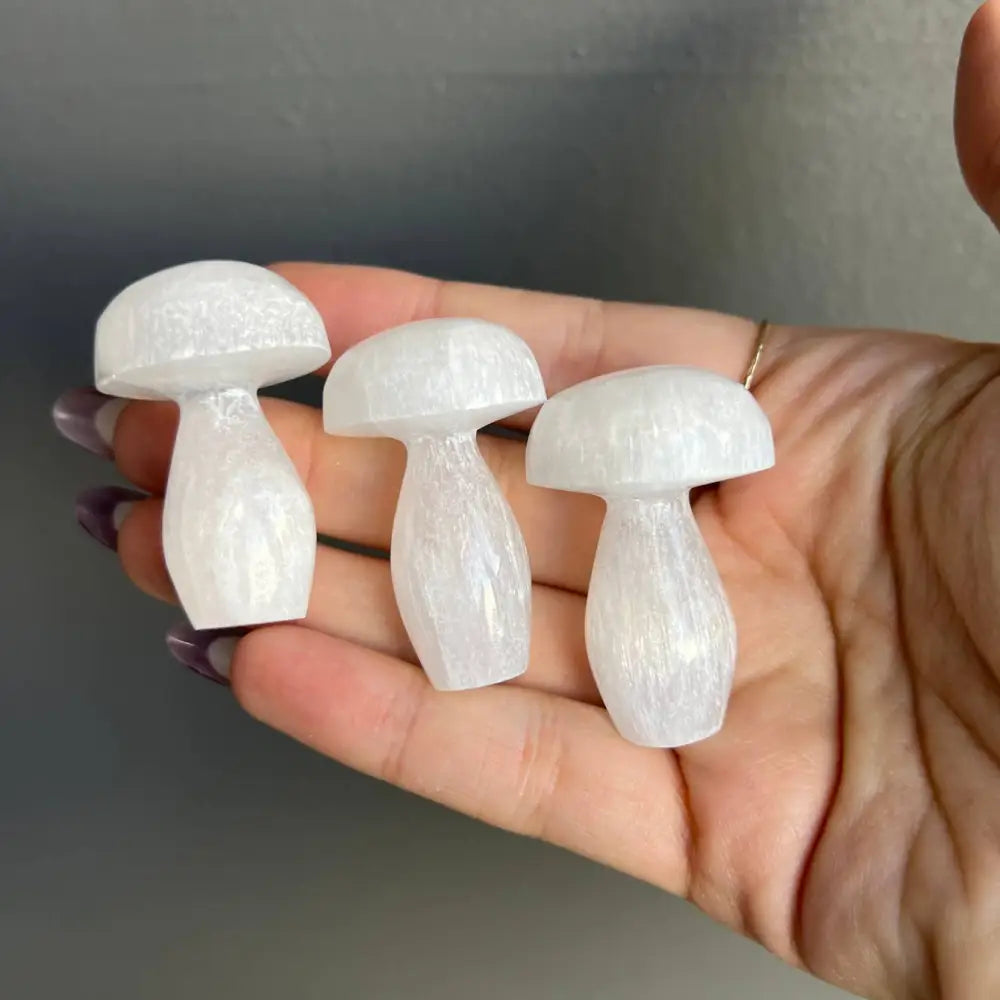 White Moroccan selenite mushroom carving figurines, small or medium