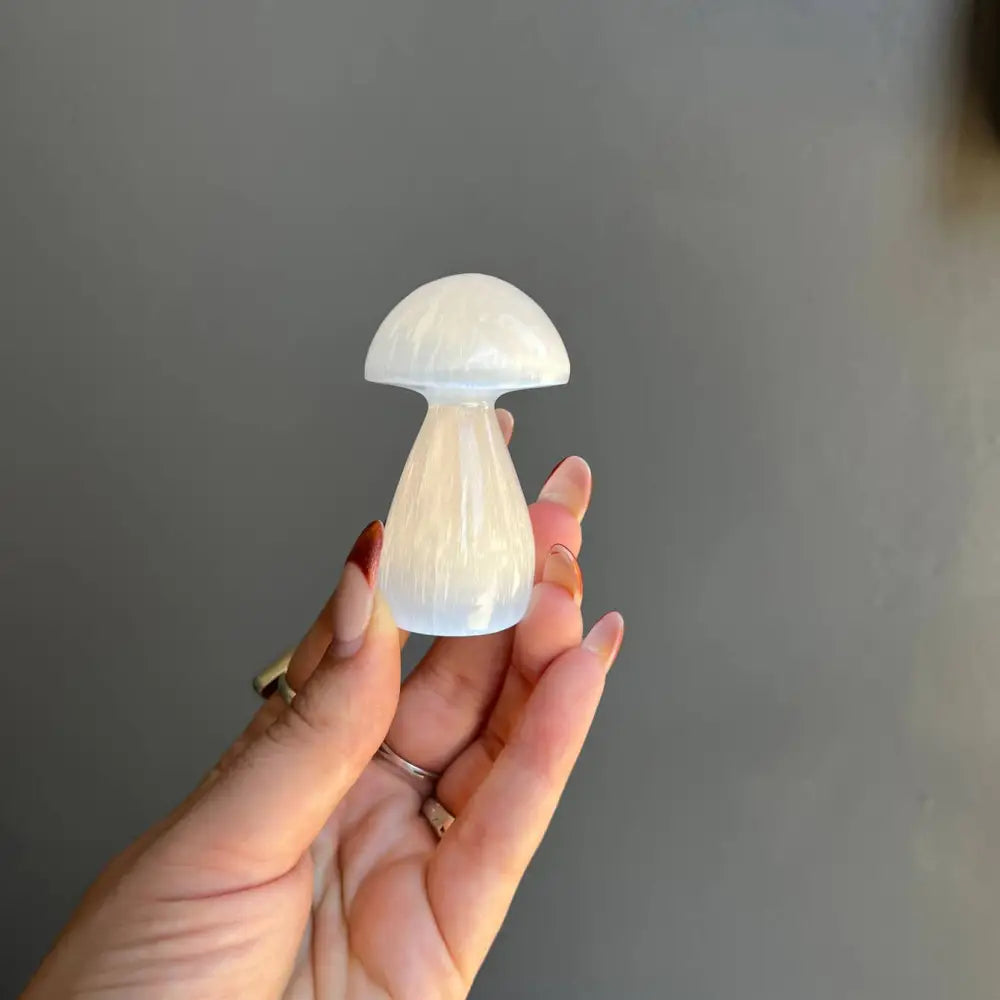 White Moroccan Selenite mushroom night light with soft plastic glow