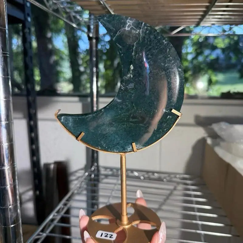 Green Moss Agate crescent moon trinket dish on gold stand, labeled 122