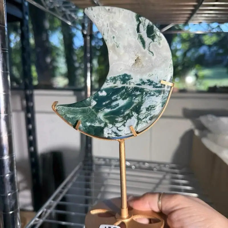 Moss Agate Moon on Stand Figurine in green and white on gold base
