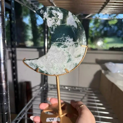 Green and white moss agate moon slice on gold stand figurine