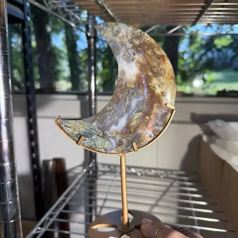 Moss Agate Moon on Stand Figurine with gold accents and crackled texture
