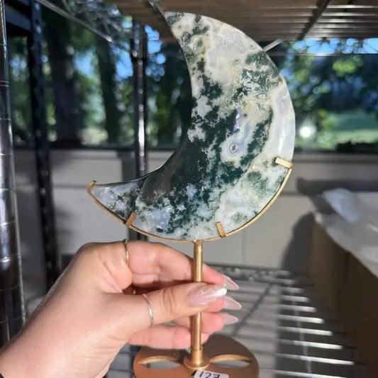 Moss Agate Moon on Stand Figurine with green and white agate