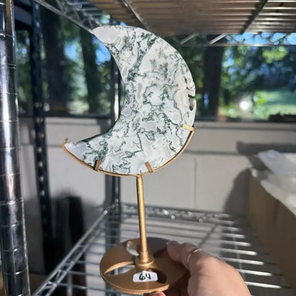 Moss Agate Moon on Stand Figurine with white gray veining
