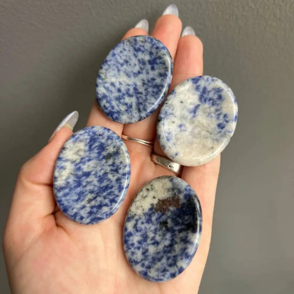 Blue and white speckled stone rings in silver Natural Stone Worry Stone 2 inches