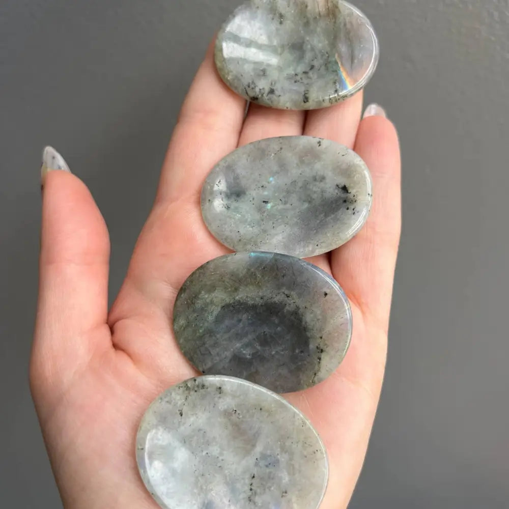 Silver labradorite worry stone coaster set, 2 inches, black speckles and sheen