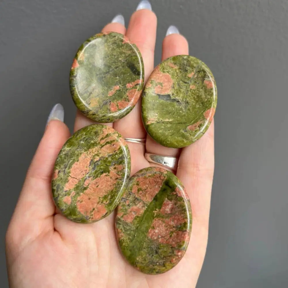 Green and orange unakite worry stone pendant, 2 inches natural