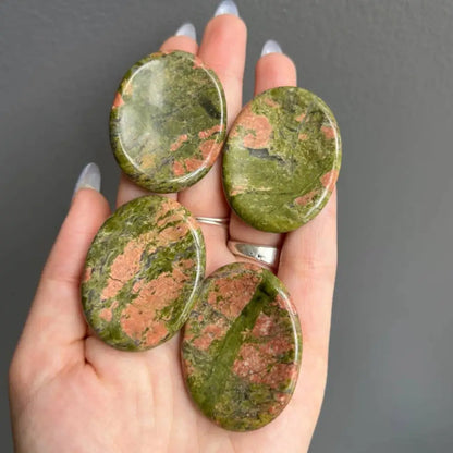 Green and orange unakite worry stone pendant, 2 inches natural