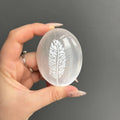 Etched selenite palm stone with feather design carved from natural Moroccan selenite