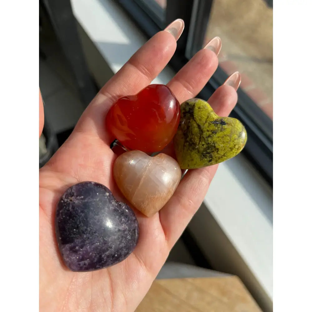 1 inch natural stone carved heart pendants in amethyst, carnelian, aventurine, quartz