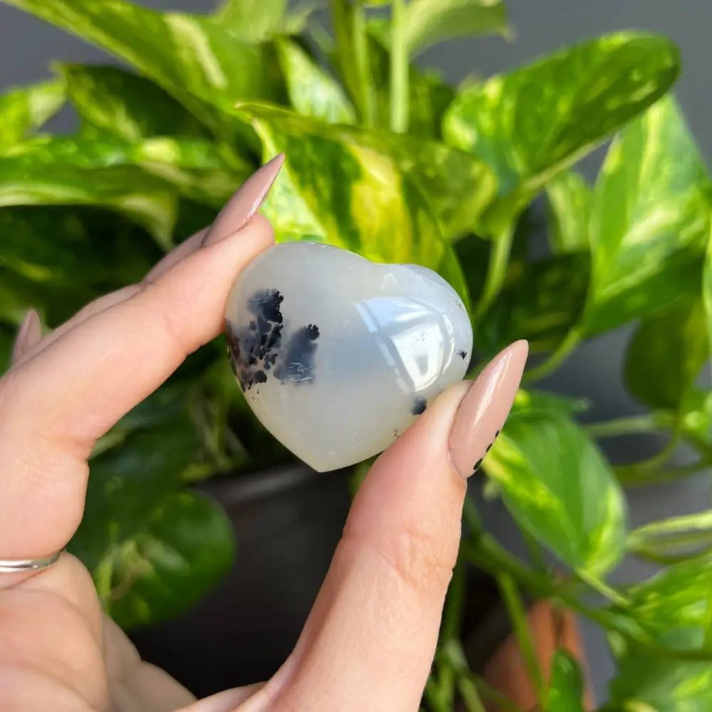 1 inch white heart-shaped jade or soapstone with black inclusions