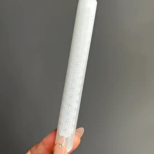 White Parker pen with silver accents on Moroccan selenite wand