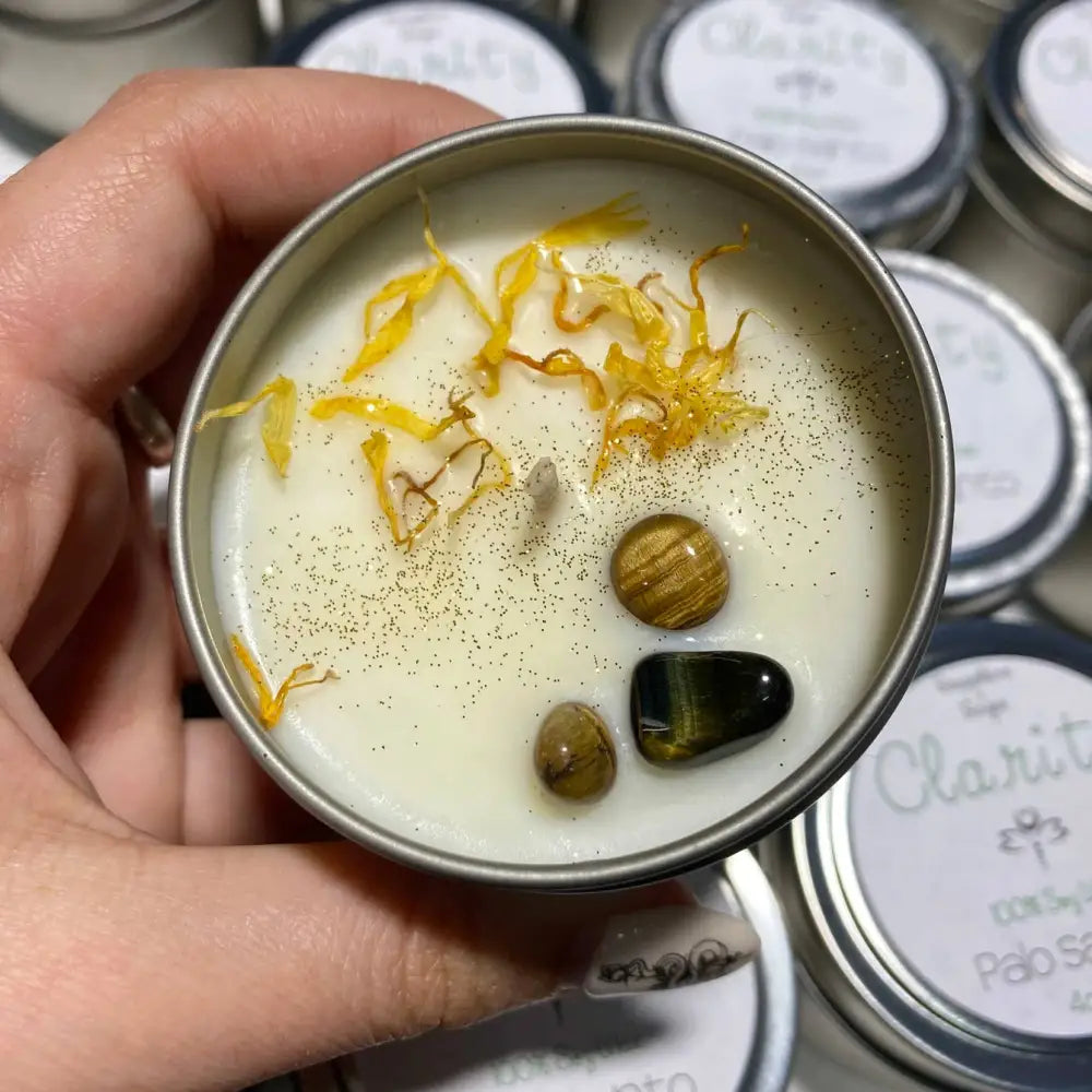 4oz Tigers Eye and Calendula tin candle with obsidian and chamomile