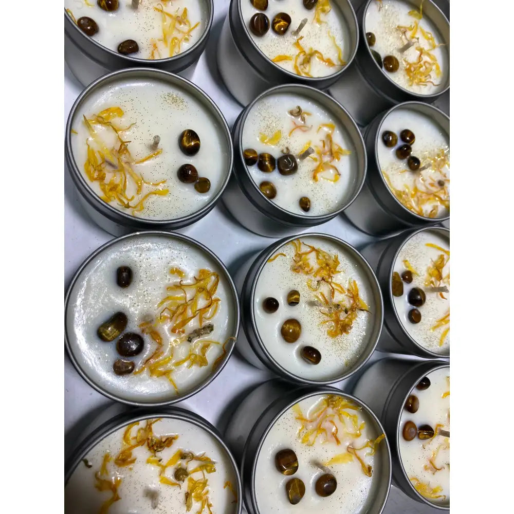 Clarity tin candle with tigers eye crystals and natural soy wax in 4oz silver tin