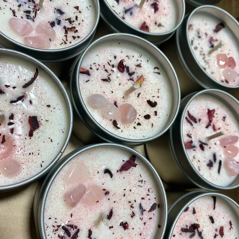 Rose Quartz Crystal Candle Tin Set with Lavender Sandalwood Scent