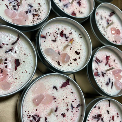Rose Quartz Crystal Candle Tin Set with Lavender Sandalwood Scent