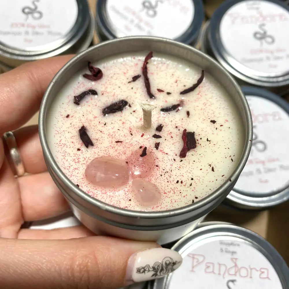 Rose Quartz Crystal Candle with Pandora scent, pink ice cubes, and dark chocolate shavings