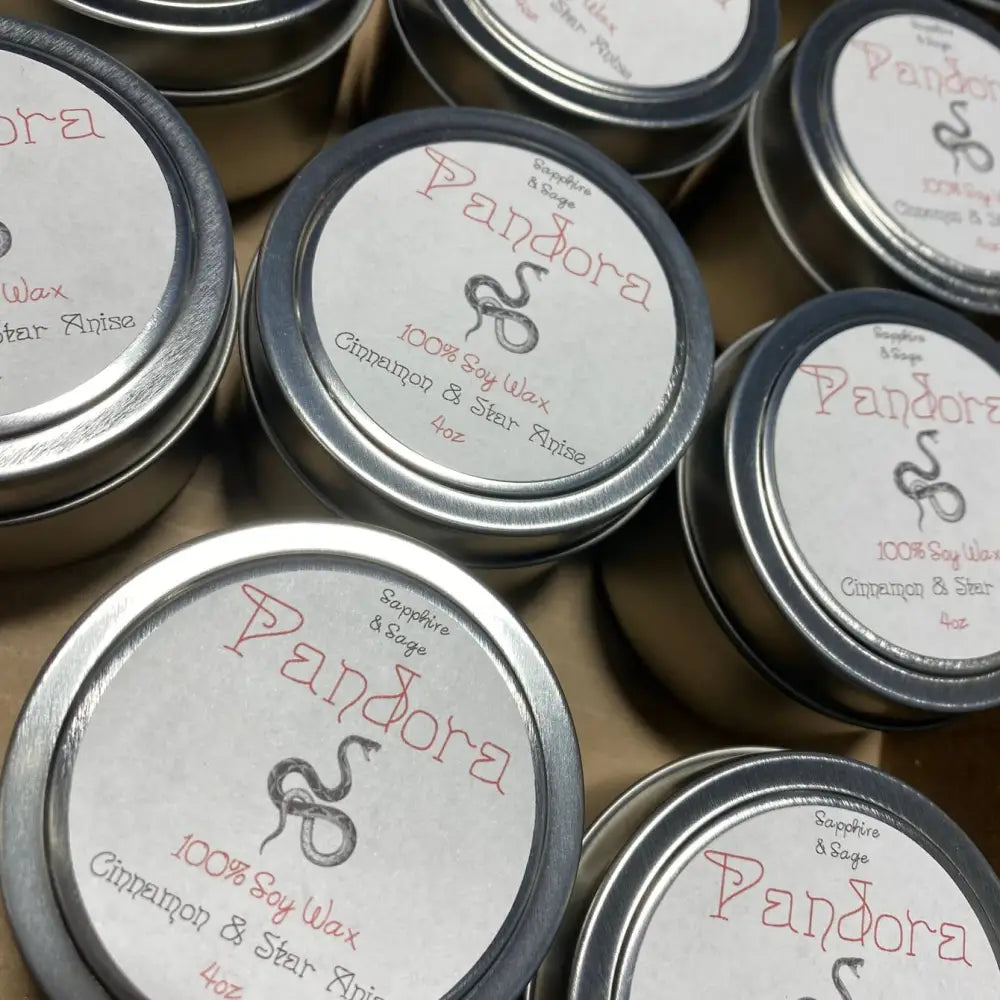 Pandora cinnamon star anise soy wax candle tin with rose quartz crystal