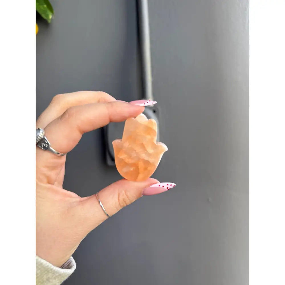 Peach selenite Hamsa hand 1.5-inch carved stone pendant necklace