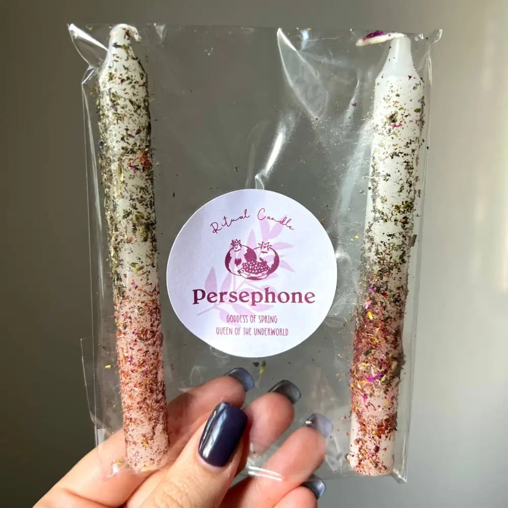 Persephone Spring Goddess ritual taper candles in clear pack