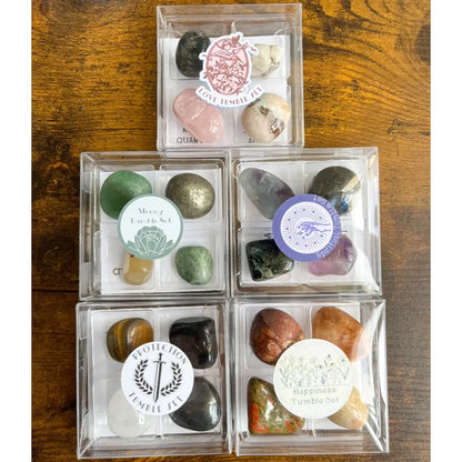 Clear plastic gemstone sets with colorful labeled stones for goals and gifting