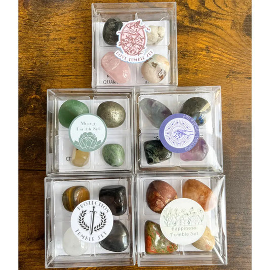 Clear plastic gemstone sets with colorful labeled stones for goals and gifting