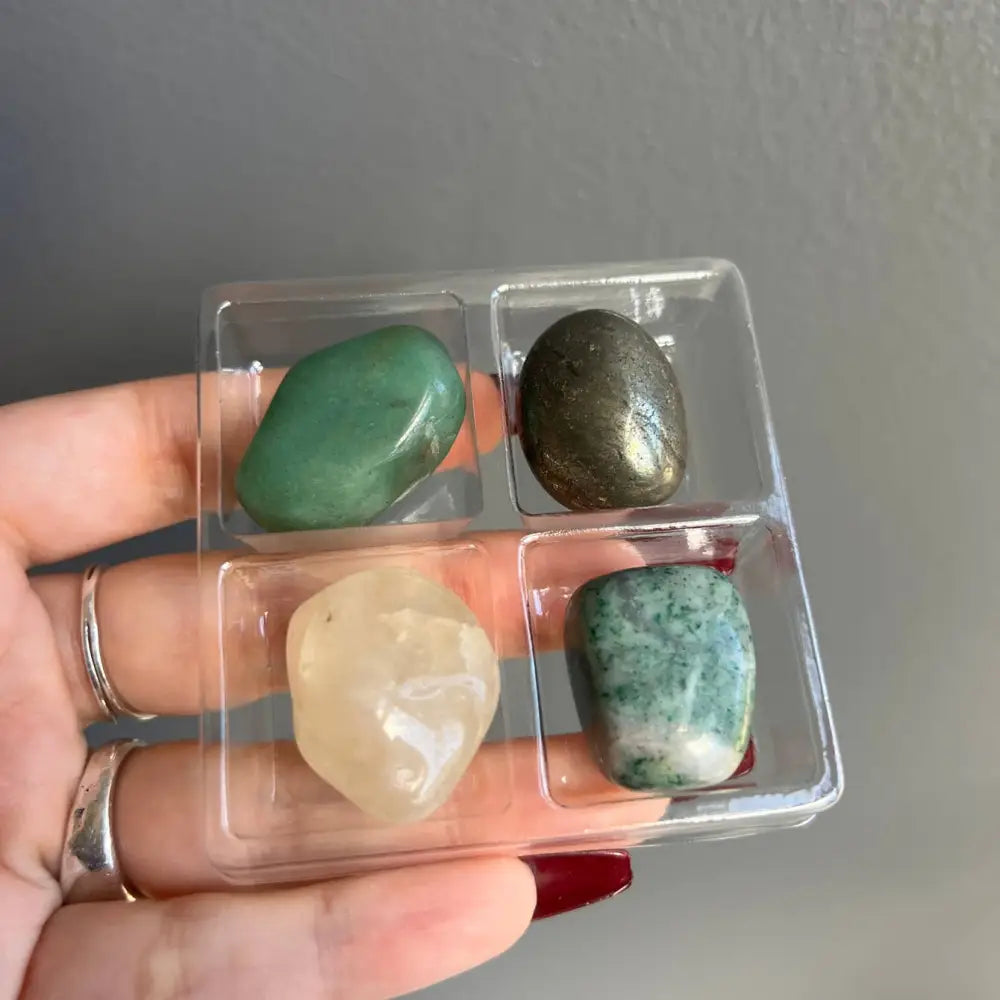 Clear plastic tray with compartments for green aventurine, rose quartz stones in Natural Stone Collection