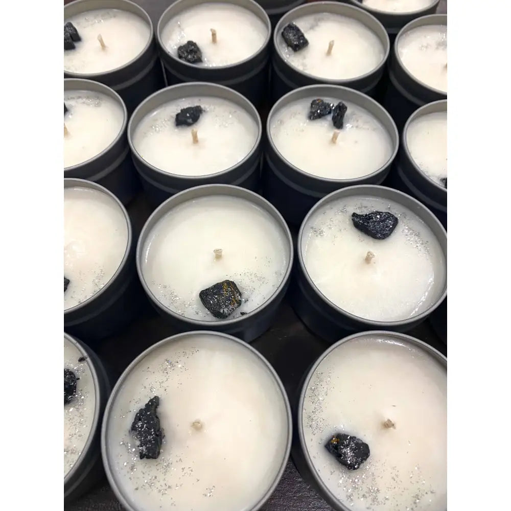 4 oz natural soy wax tin candle with white wax, black rock decor, silver lid