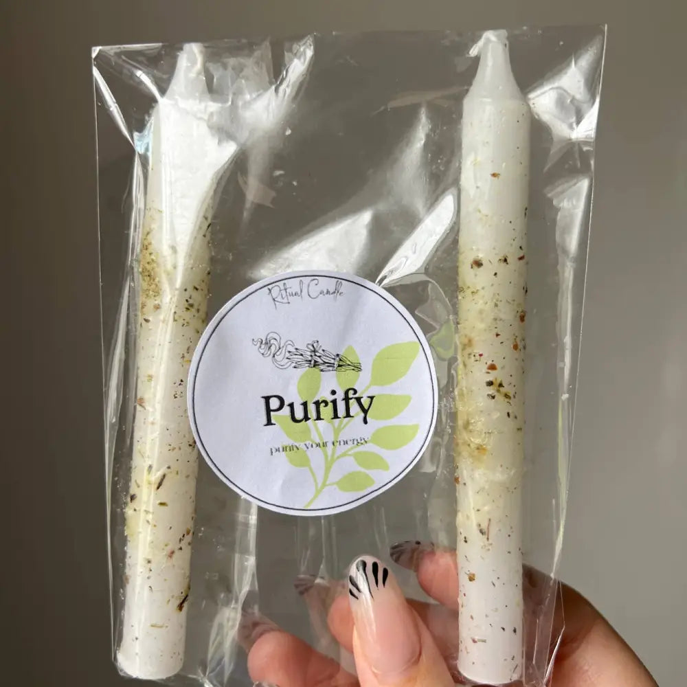 Purify Ritual Candle Set: white candles with green-brown speckles in clear pack