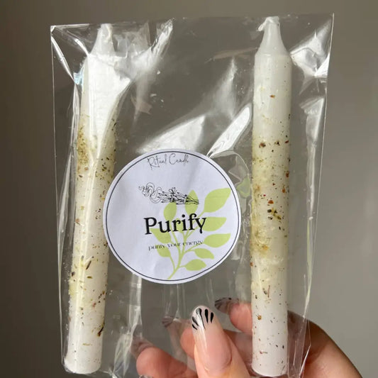 Purify Ritual Candle Set: white candles with green-brown speckles in clear pack