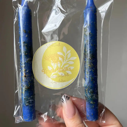 Blue speckled Truth Talks Ritual Candles with herbs and oils, 2 pack in clear plastic packaging