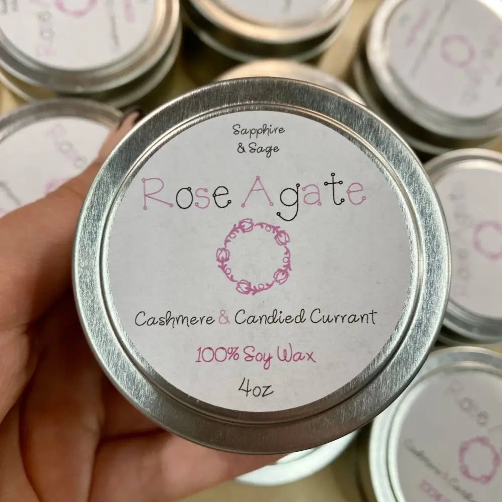 4oz Rose Agate tin candle with cashmere, candied currant scents and real roses