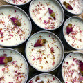 Artisanal white soy Rose Agate Tin Candle with real roses, petals and leaves, 4oz