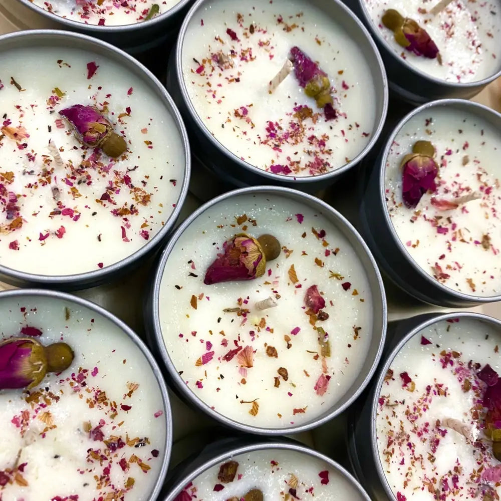 Artisanal white soy Rose Agate Tin Candle with real roses, petals and leaves, 4oz