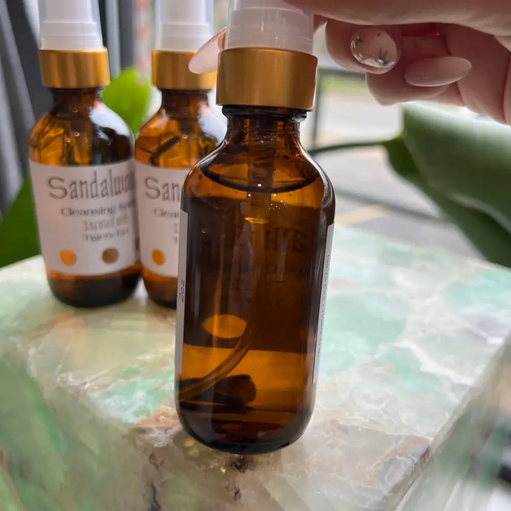 Amber glass dropper bottle with gold cap for Sandalwood and Vanilla Cleansing Spray