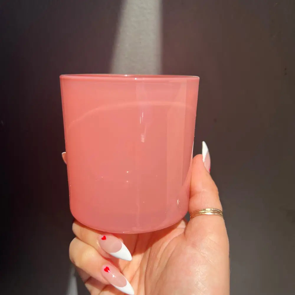 Pink frosted glass tumbler with gold rim and handle, Kate Spade inspired