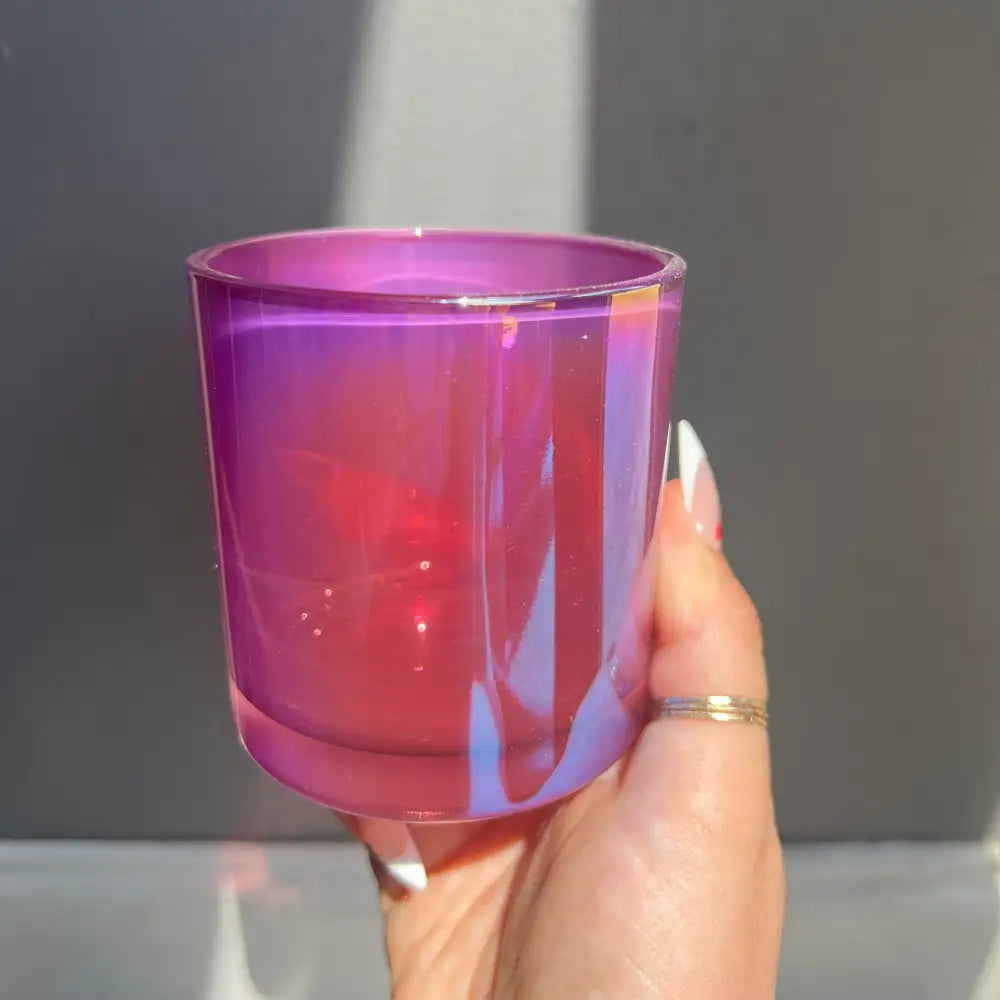 Iridescent purple glass tumbler in Custom Crystal Candle Creation Guide