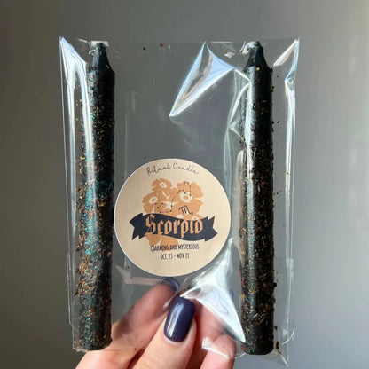 Black Scorpio zodiac ritual candle in clear sleeve with herbs and oils