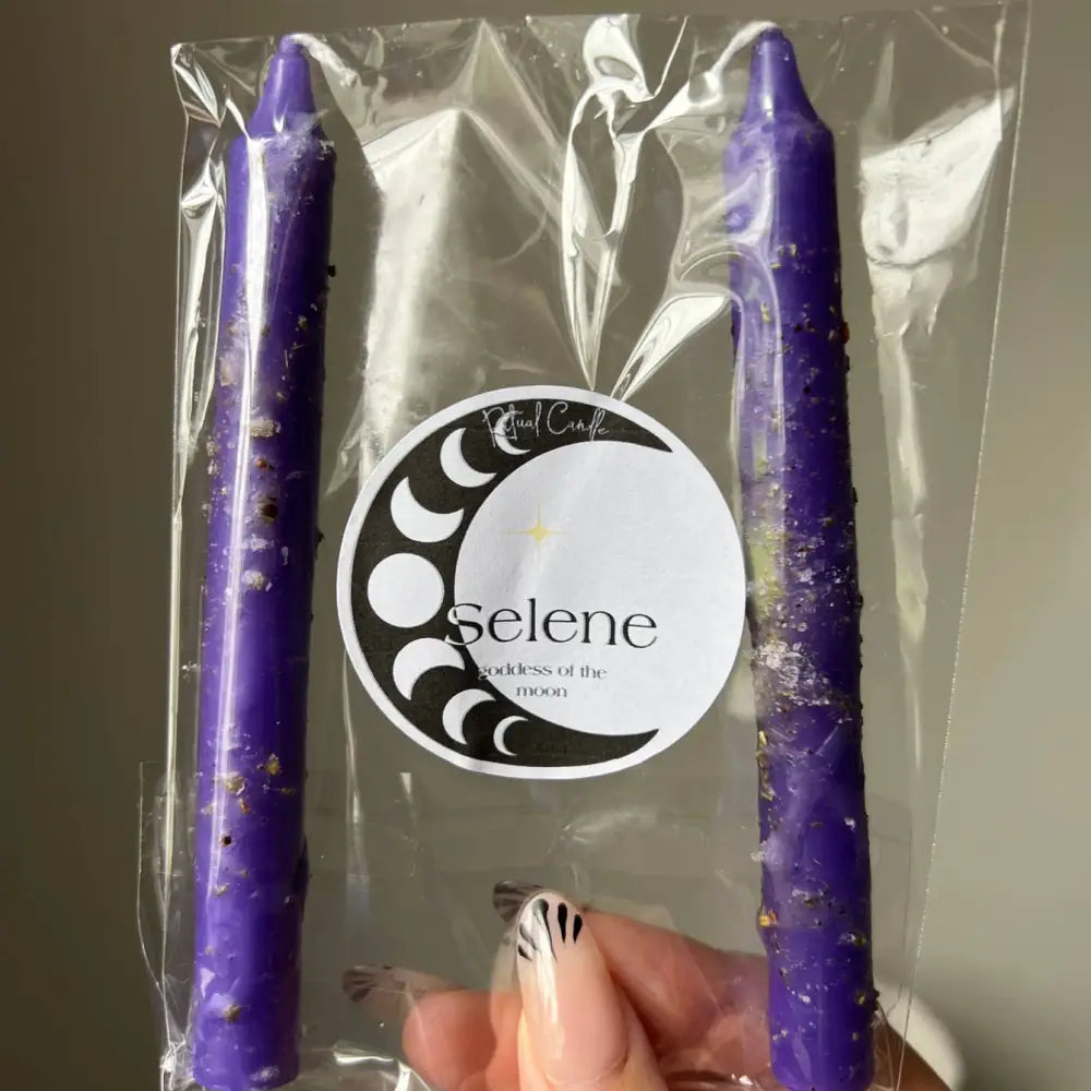 Purple Selene ritual candles for moon goddess worship