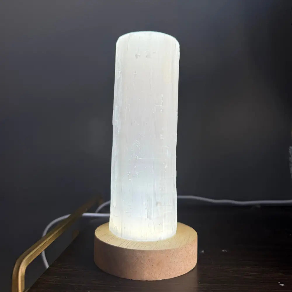 6-inch tall Selenite Cylinder Lamp on wooden base, authentic gypsum light