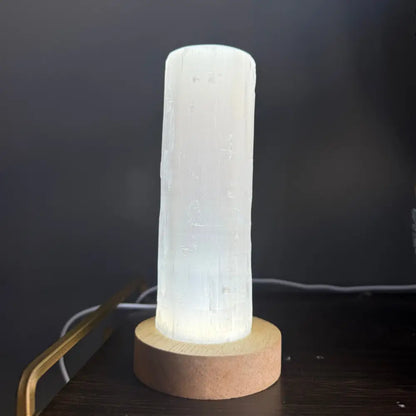 6-inch tall Selenite Cylinder Lamp on wooden base, authentic gypsum light