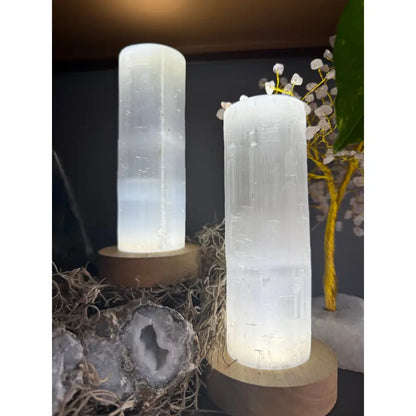 Selenite cylinder lamp 6 inch tall authentic gypsum light holder set