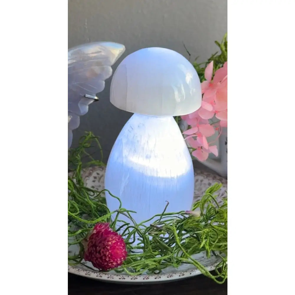 Selenite Mushroom Lamp: 4.5-inch white night light with frosted translucent cap