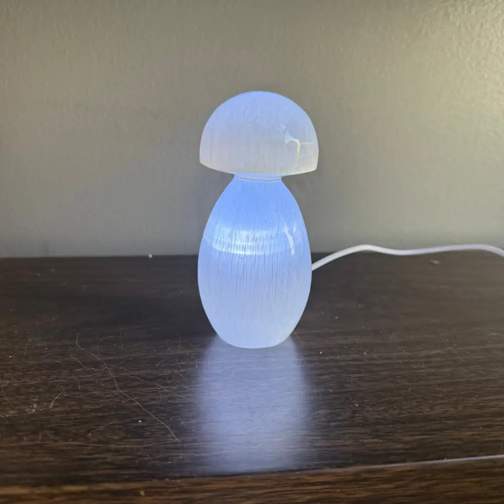 White Selenite Mushroom Lamp humidifier, 4.5 inches tall with translucent body