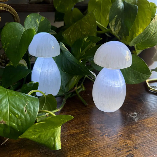 Glowing white selenite mushroom lamp, 4.5 inches tall natural stone design